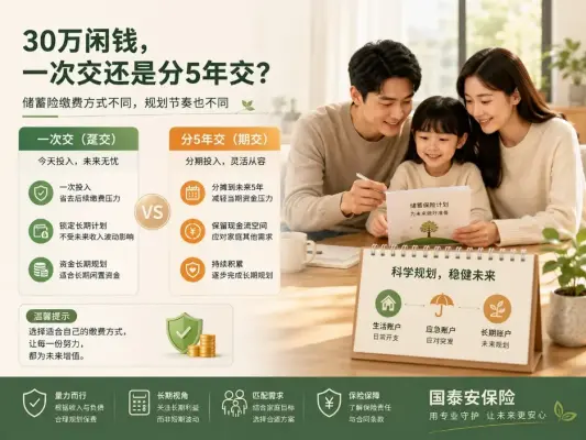 手里有30万元闲钱，储蓄险一次交完还是分5年交？区别不只是“早交晚交”