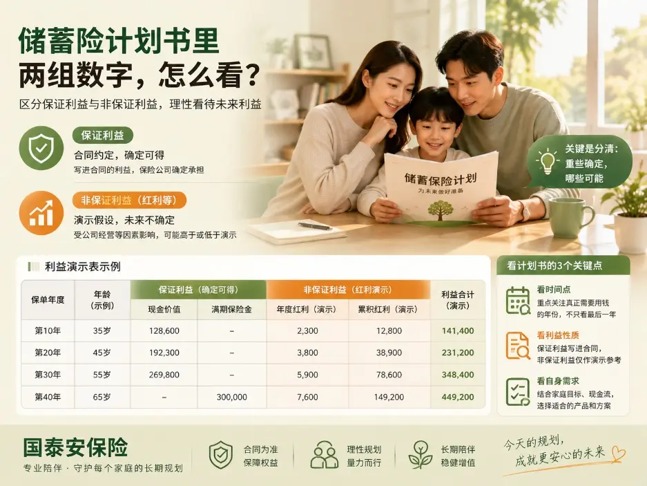 储蓄险计划书上有两组数字，为什么一组“保证”，另一组却只能参考？(图1)